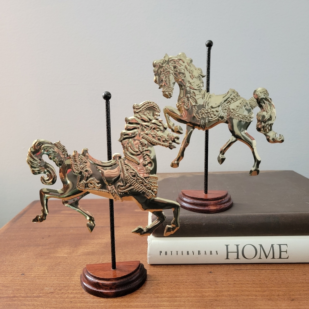 Vintage Home Interiors Thin Metal Carousel Horses On Wood Base Set Of 2
